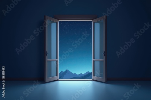 Obraz na płótnie Open window revealing starry mountain night sky w salonie