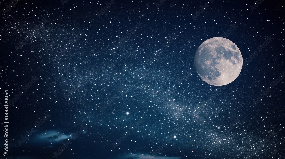 A night sky filled with twinkling stars and a full moon. A night sky filled with twinkling stars and a full moon.
