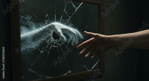 Beyond the Reflection: A symbolic tableau where a hand reaches out through a shattered mirror, evoking themes of connection, fragility, and the unseen.