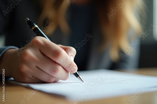 Obraz na płótnie Woman writing with pen in hand, close-up focus on fingers, business office setting w salonie