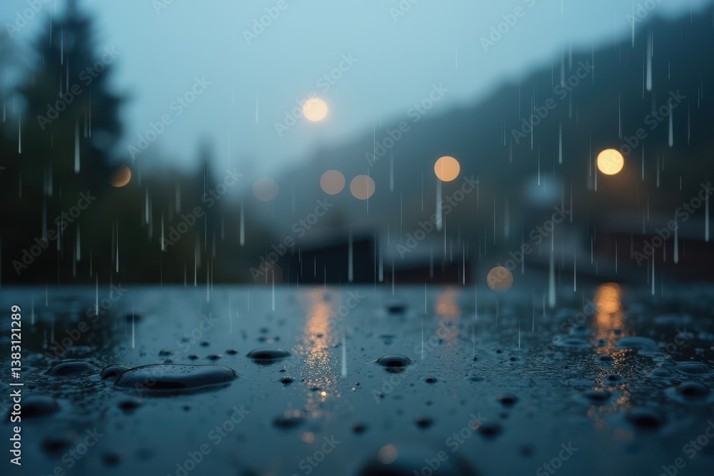 Rainy evening with city lights reflecting on wet surface