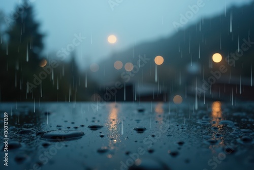 Obraz na płótnie Rainy evening with city lights reflecting on wet surface w salonie