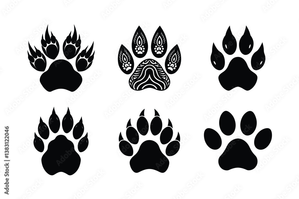 Fototapeta premium Six black animal paw prints, various designs
