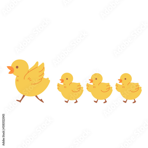 Cute hand drawn Mother bird and chicks walking following mother's day illustration