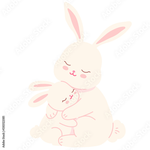 Cute hand drawn Rabbit and baby cuddling mother's day illustration