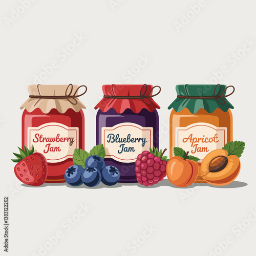Fruit Jam Jars with Strawberries, Raspberries, and Apricots
