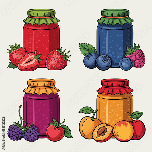 Fruit Jam Jars with Strawberries, Raspberries, and Apricots