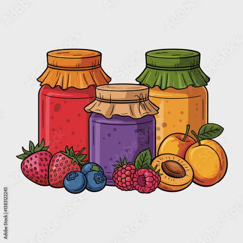 Fruit Jam Jars with Strawberries, Raspberries, and Apricots
