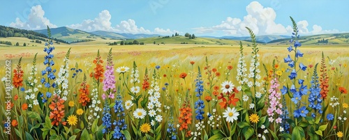 Wallpaper Mural A vibrant oil painting depicts a, wildflowerfilled field under a bright blue sky, with rolling hills and fluffy clouds in the background  Torontodigital.ca