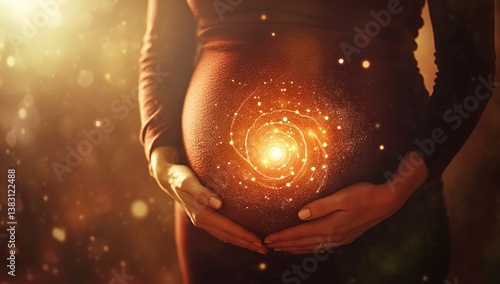 Pregnant woman holding her belly with a glowing galaxy inside, symbolizing the miracle of new life and the vast universe within