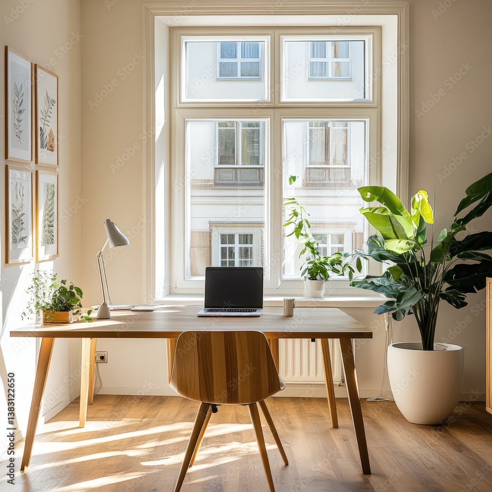 Fototapeta premium Bright and modern home office with plants and natural light in a cozy urban setting