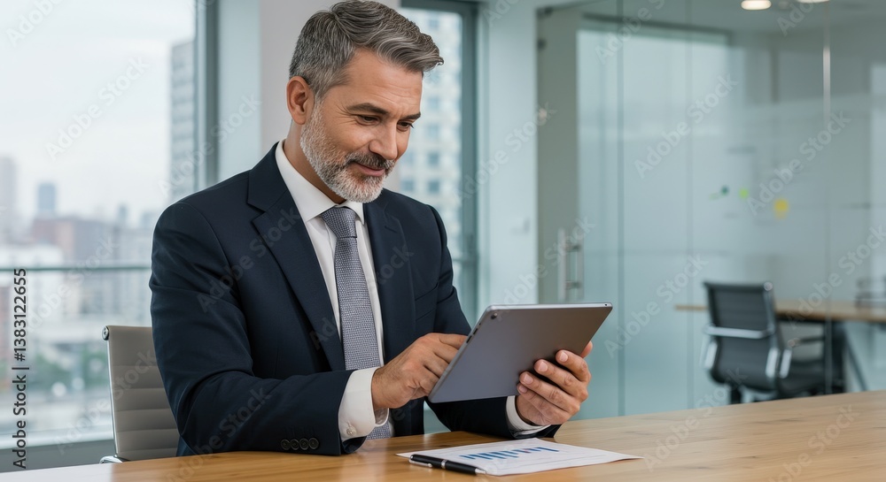 Obraz premium Professional man using tablet in modern office setting during daytime meeting hours