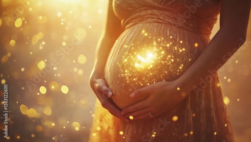 Pregnant woman holding her belly with a magical glow emanating from within at sunset
