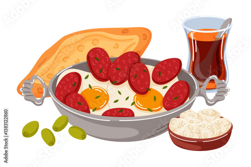 Middle Eastern Breakfast that with Eggs, sausage sucuk, and ekmek Bread in cartoon. Traditional Turkish tea, white cheese Beyaz peynir and olives.