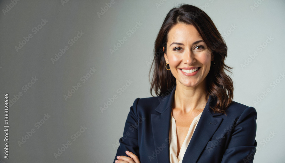 Modern portrait headshot of a friendly ceo executive business worker: A confident businesswoman with dark hair and a warm smile confidently poses with her arms crossed, wearing a navy blue blazer ov Modern portrait headshot of a friendly ceo executive business worker: A confident businesswoman with dark hair and a warm smile confidently poses with her arms crossed, wearing a navy blue blazer ov