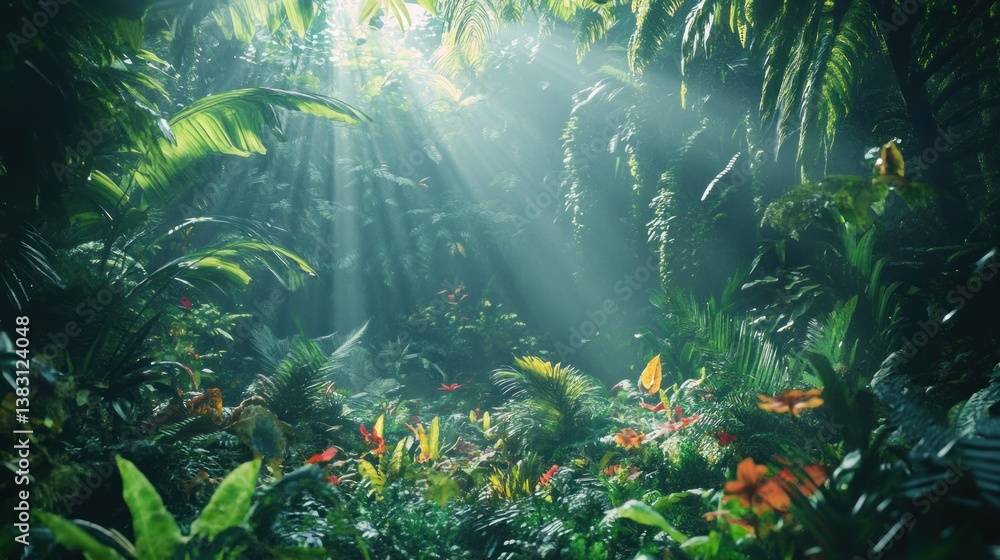Fototapeta premium Sunbeams pierce lush jungle foliage, vibrant flora, tropical background, nature scene