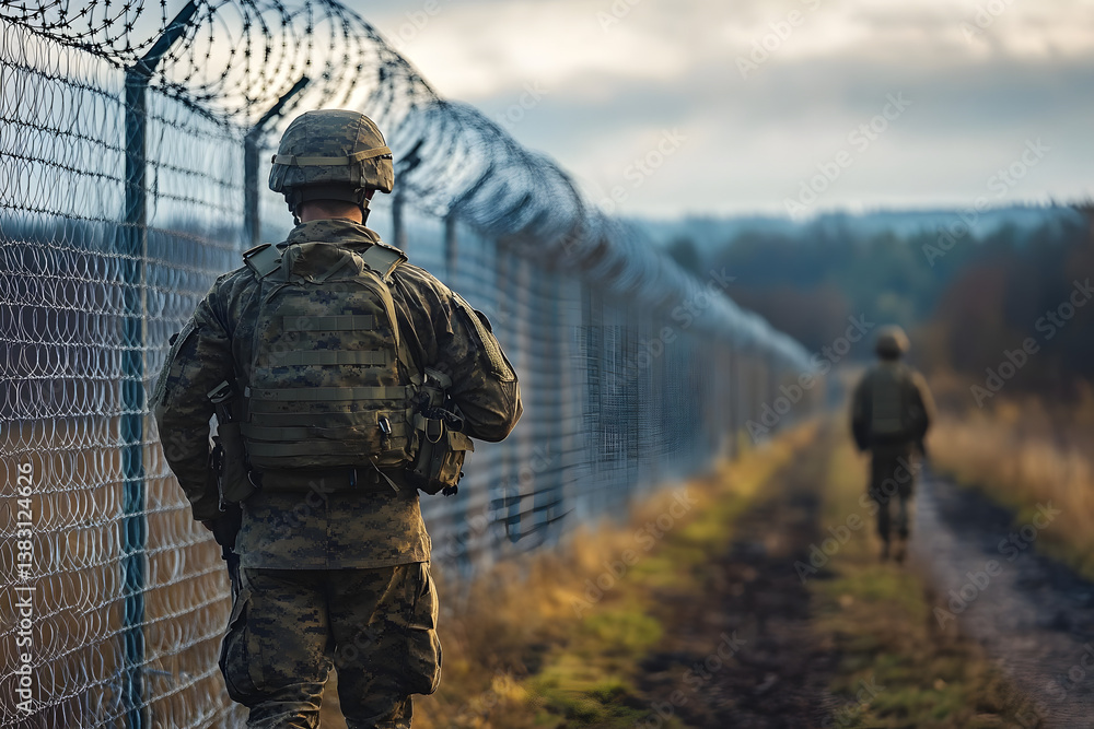 Soldier walking along barbed wire fence protecting border security zone Soldier walking along barbed wire fence protecting border security zone