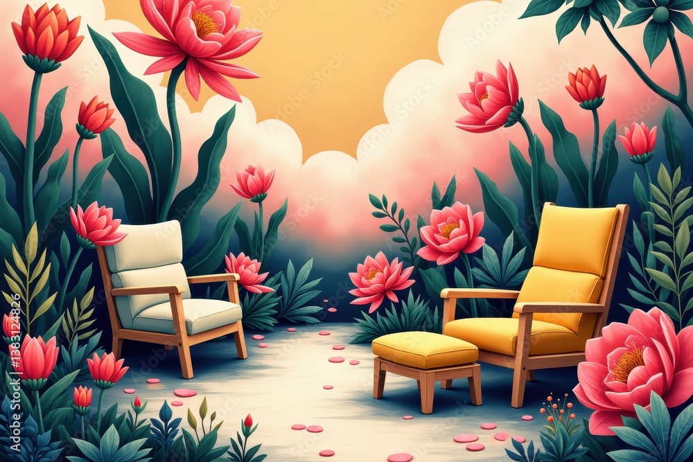 Enchanting garden with chairs amidst blooming pink flowers