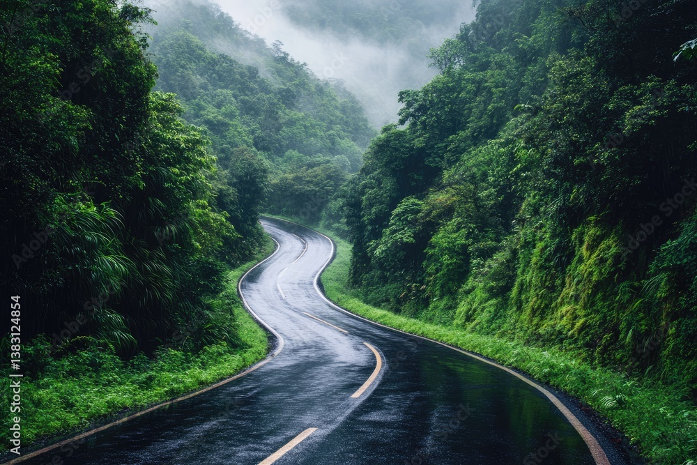 Winding road through lush green rainforest after rain Winding road through lush green rainforest after rain