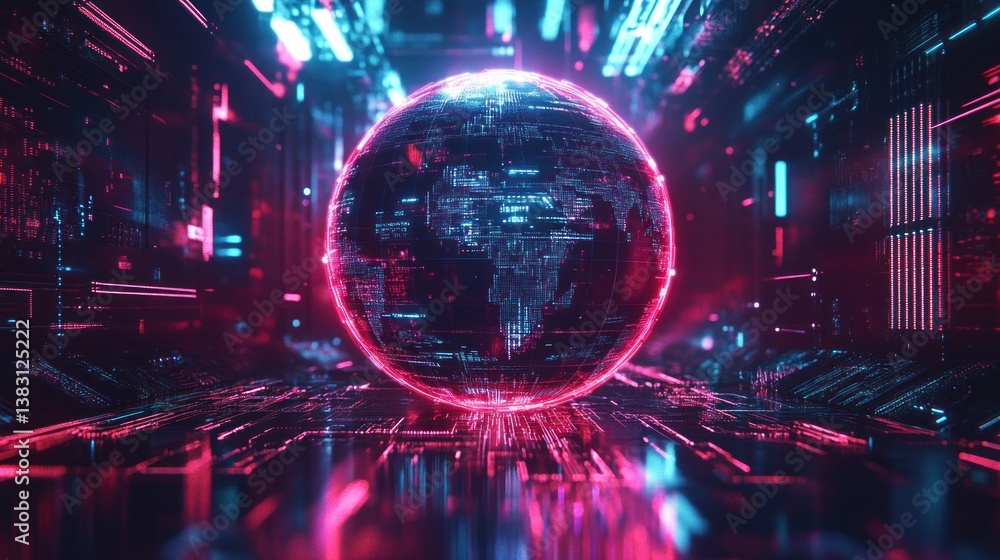 Fototapeta premium Global network data flows in futuristic city