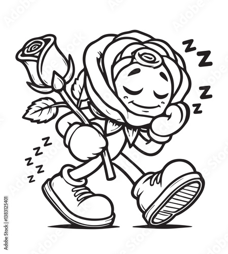 Coloring book rose character walking in its sleep, clutching another rose with "Zzz" bubbles
