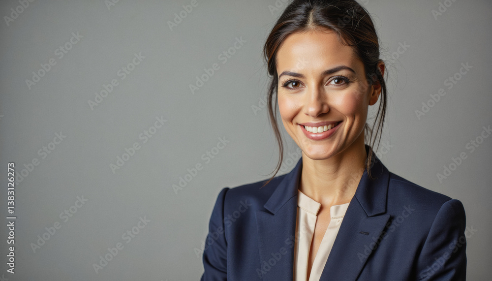 Modern portrait headshot of a friendly ceo executive business worker: A professionally dressed woman with a warm smile confidently looks directly at the viewer against a neutral gray background. Modern portrait headshot of a friendly ceo executive business worker: A professionally dressed woman with a warm smile confidently looks directly at the viewer against a neutral gray background.