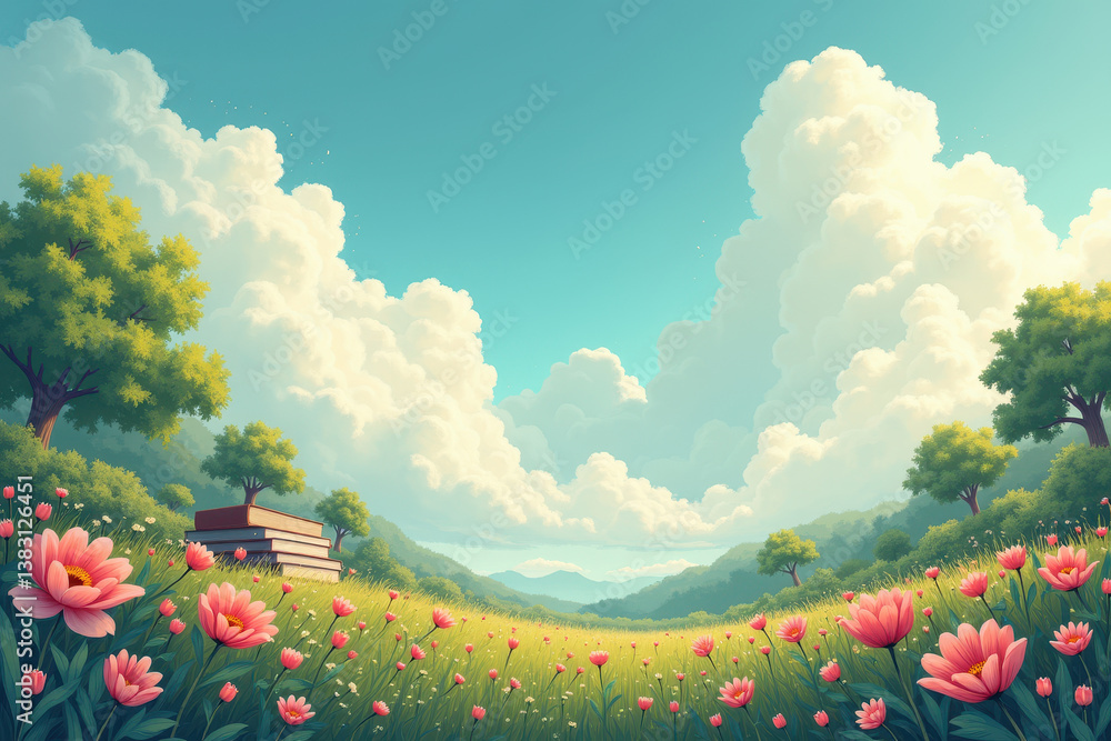 serene landscape with wildflowers fluffy clouds