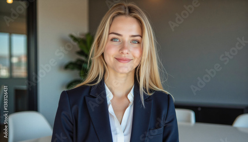 Modern portrait headshot of a friendly ceo executive business worker: A young, blonde woman in a professional navy suit and white shirt smiles confidently at the camera in a modern office setting. Free Download Modern portrait headshot of a friendly ceo executive business worker: A young, blonde woman in a professional navy suit and white shirt smiles confidently at the camera in a modern office setting. - GFXLoad