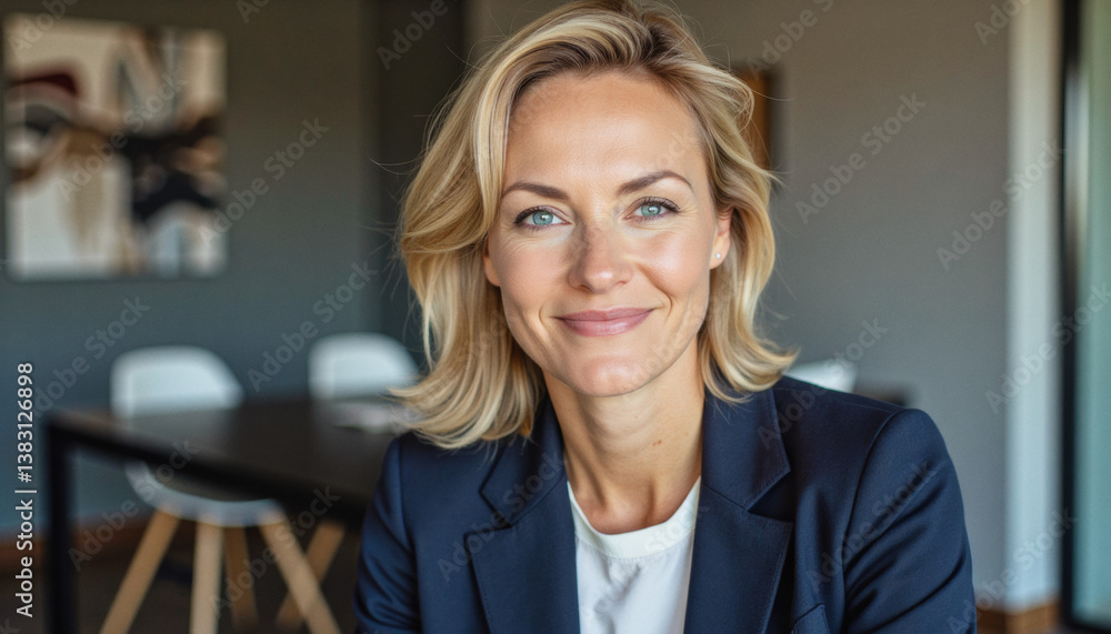 Modern portrait headshot of a friendly ceo executive business worker: A blonde woman in a navy blazer smiles confidently at the camera while seated indoors with a modern dining table and artwork in Modern portrait headshot of a friendly ceo executive business worker: A blonde woman in a navy blazer smiles confidently at the camera while seated indoors with a modern dining table and artwork in
