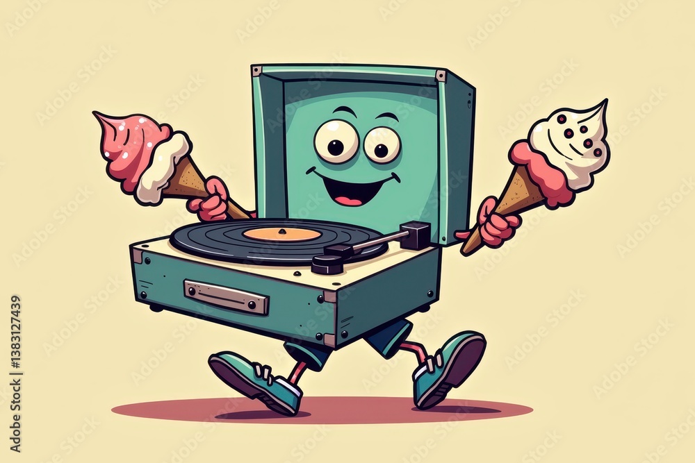 Vintage record player cartoon character enjoying ice cream