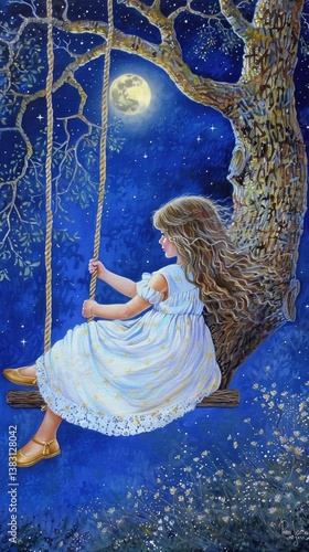A girl sitting on a swing, looking up at the stars in the sky