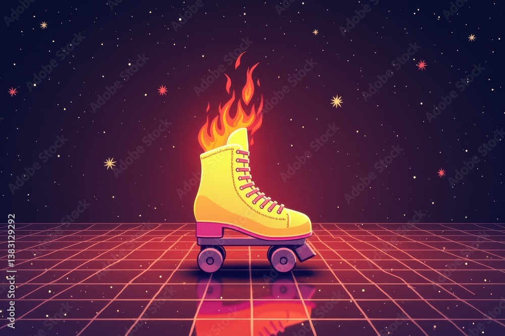 Retro roller skate with flames on digital starry grid