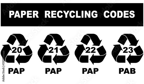 Paper recycling code icon set. recycling codes 20,21,22 and 23. pap recycling symbols. plastic, paper recycle, symbol, code, icon.