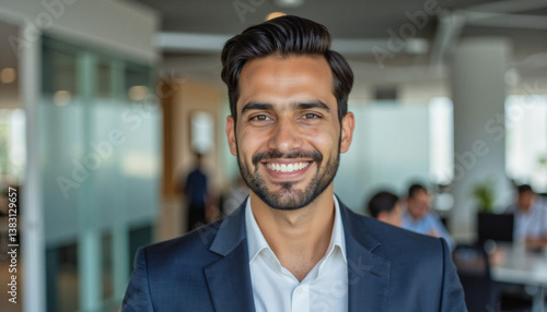 Modern portrait headshot of a friendly ceo executive business worker: A smiling, well-dressed man with a beard confidently looks at the camera in a modern office setting.