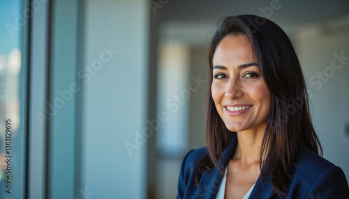 Modern portrait headshot of a friendly ceo executive business worker: A smiling businesswoman with dark hair stands confidently in front of a large window, projecting an air of professionalism and s Free Download Modern portrait headshot of a friendly ceo executive business worker: A smiling businesswoman with dark hair stands confidently in front of a large window, projecting an air of professionalism and s - GFXLoad