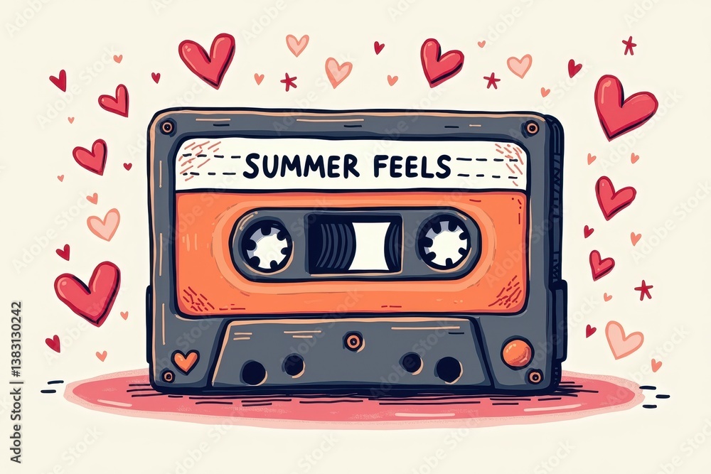 Retro cassette tape surrounded playful red hearts