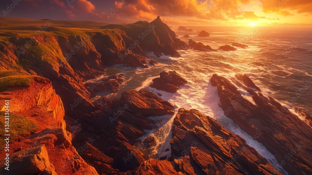 Fototapeta premium Dramatic sunset over coastal cliffs, ocean waves crashing