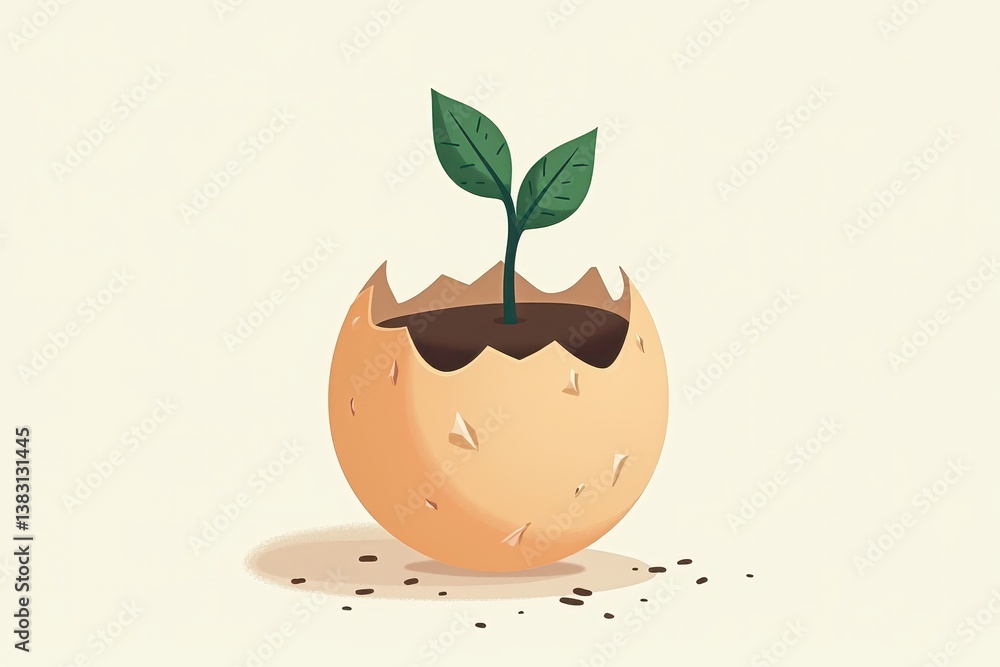 Seedling growing in eggshell symbolizing growth sustainability