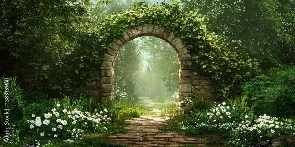 Fototapeta premium A stone archway with a lush green garden in front of it