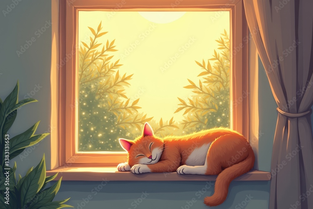 Cat sleeping peacefully on sunny windowsill