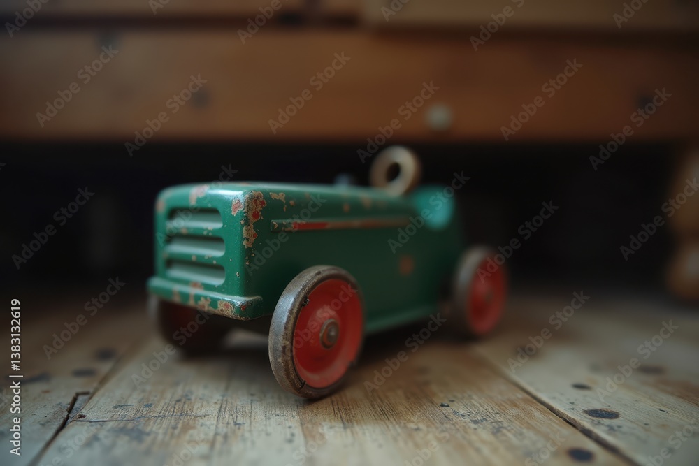Vintage toy car on wooden floor with rustic charm