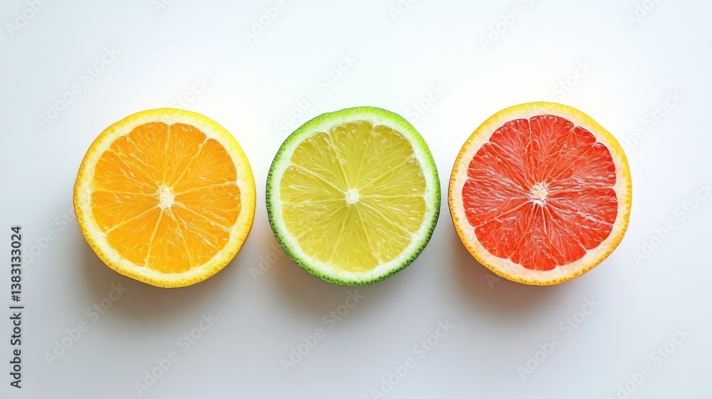 Citrus fruit slices on white background; healthy eating concept; food photography Citrus fruit slices on white background; healthy eating concept; food photography