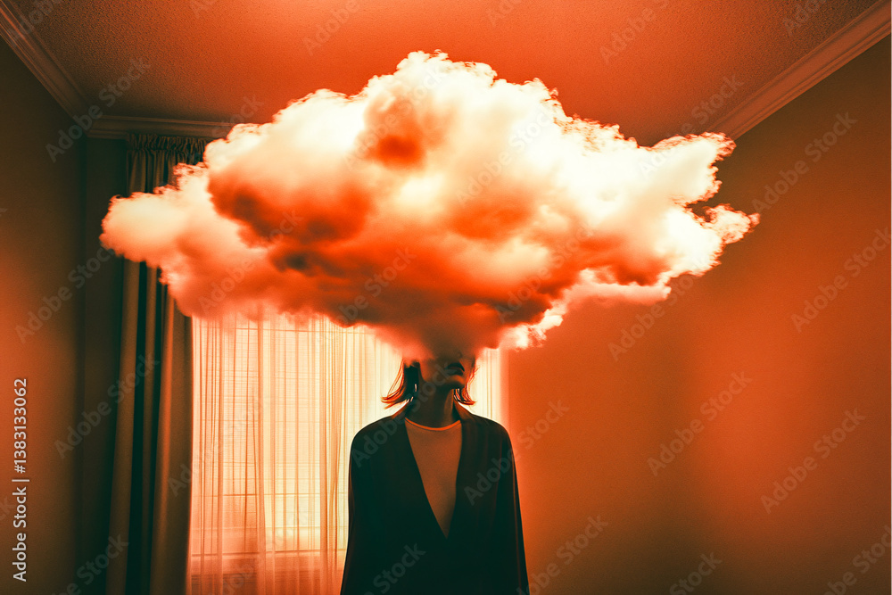 Femme avec la tête dans un nuage, dans son salon