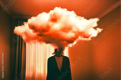 Obraz na płótnie Femme avec la tête dans un nuage, dans son salon w salonie