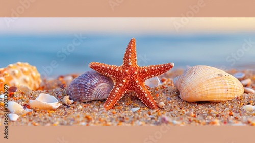 Seashells and starfish on beach (1)