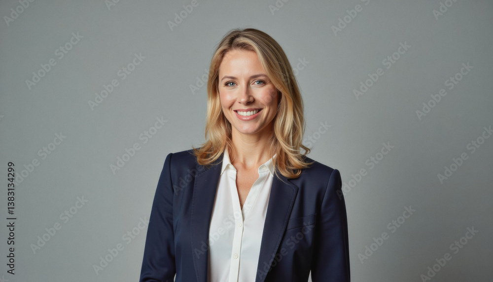 Modern portrait headshot of a friendly ceo executive business worker: A professional woman with blonde hair smiles confidently at the camera while wearing a navy blue suit jacket and a white shirt. Modern portrait headshot of a friendly ceo executive business worker: A professional woman with blonde hair smiles confidently at the camera while wearing a navy blue suit jacket and a white shirt.