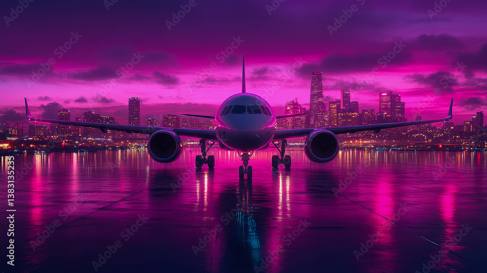 Φωτογραφία Aviation Nightscape: Commercial Airplane on Tarmac with a City Silhouette at Twi