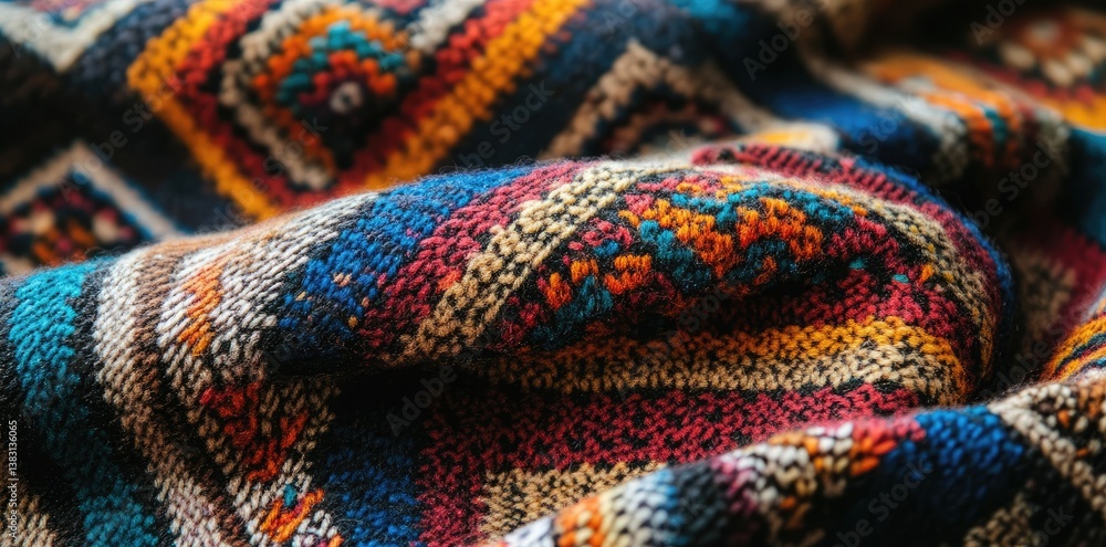 Close-up of a vibrant, hand-knitted textile with intricate patterns. Close-up of a vibrant, hand-knitted textile with intricate patterns.