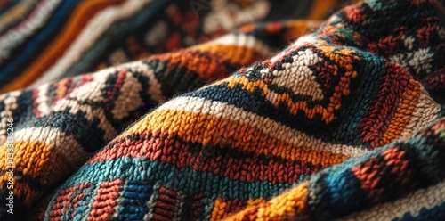 Close-up of a vibrant, hand-knitted textile with intricate patterns.