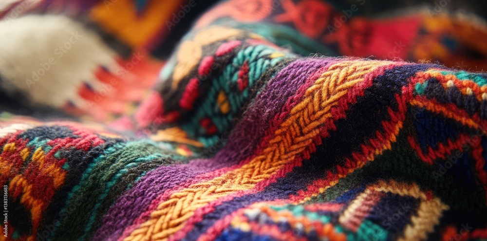 Close-up of a vibrant, hand-knitted textile with intricate patterns. Close-up of a vibrant, hand-knitted textile with intricate patterns.